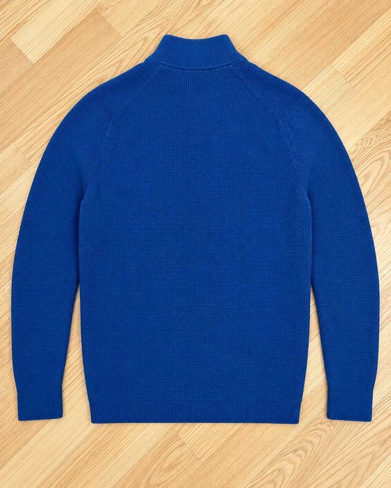 Pulover Massimo Dutti bărbați albastru royal, Cotton Cashmere, half zip cu guler înalt, detalii contrastante, mărimea M