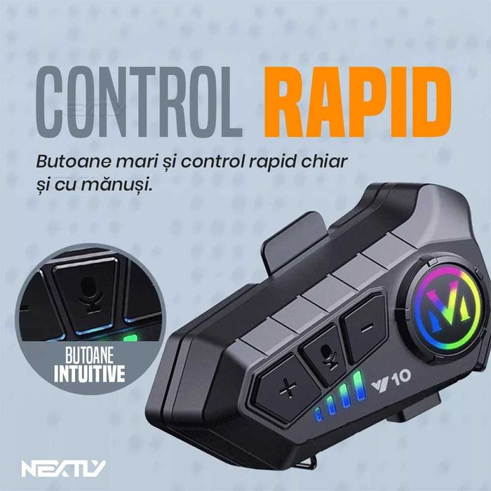 Sistem de comunicare moto Intercom, Bluetooth V5.3, voce/microfon HD, asistent vocal, redare muzica/apeluri, IPX6 Waterproof, reducere zgomot