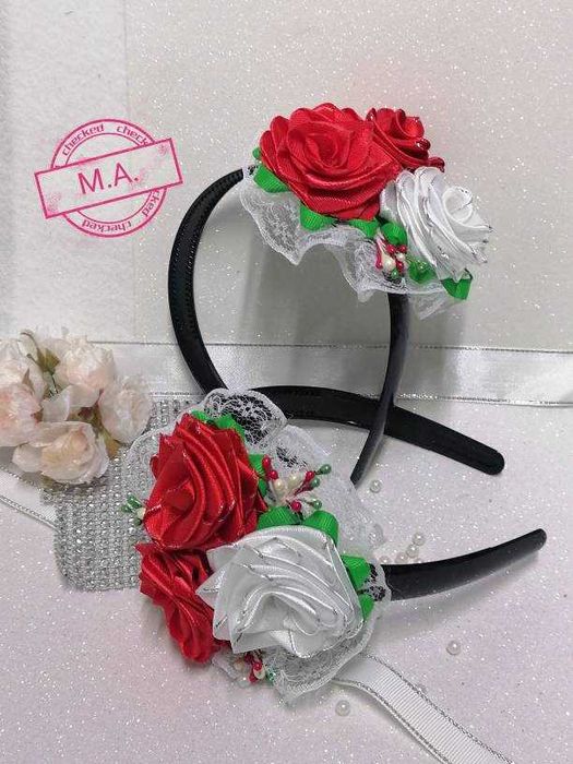 Красива диадема за коса! Две червени и една бяла роза!