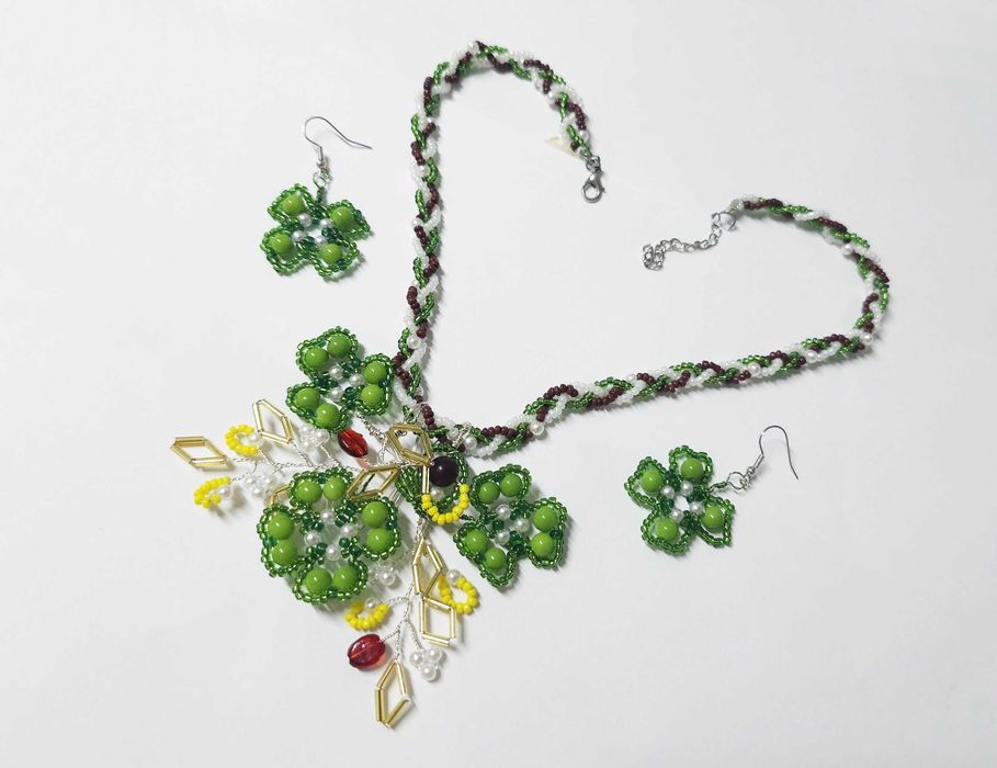 Set verde bijuterii noroc Trifoi cu 4 foi, colier, cercei, set unicat