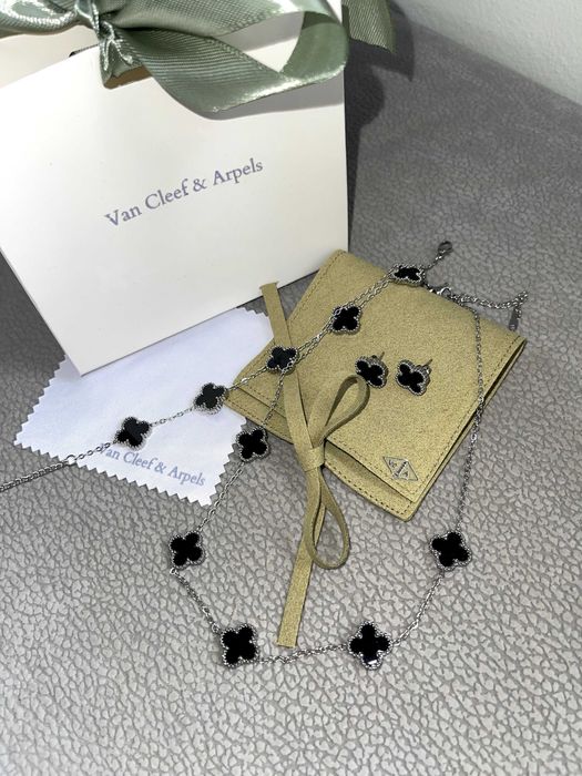 ван клиф сет бижута сребърни с черна детелина комплект van cleef колие