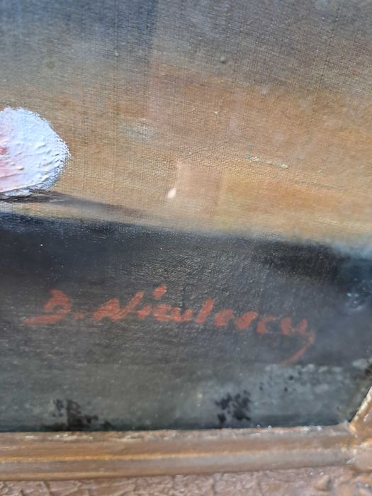 tablou vechi pictura pe panza 82/63 cm semnat D Niculescu