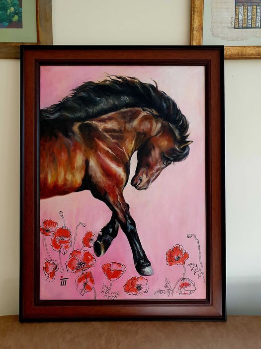 Картина за подарък, маслени бои, кон, цветя, рамкирана