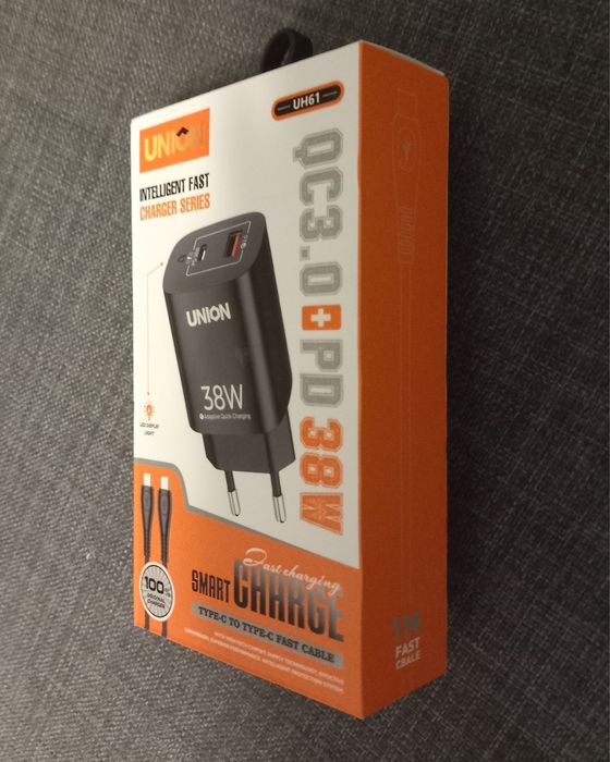 Зарядное устройство Union USB 38W + кабель USB-C -> USB-C  1 метр