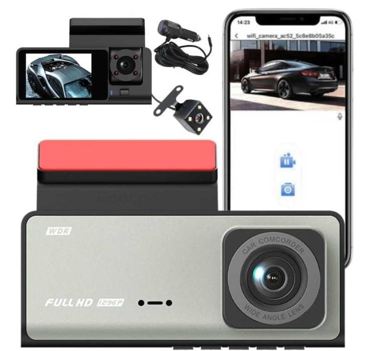 Camera de Bord Auto Tripla WiFi, Full HD, Unghi 170°, Gri