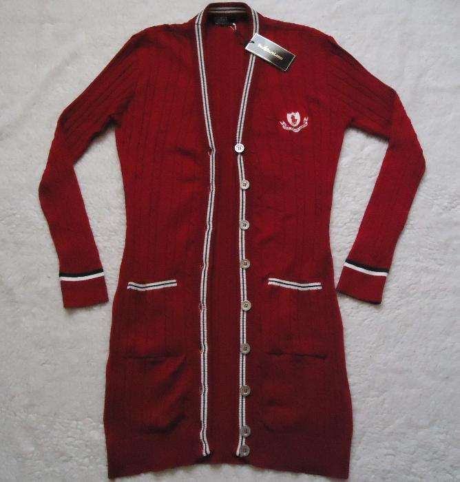 Cardigan lung tricotat dama 7 nasturi metalici 2 buzunare rosu jacheta