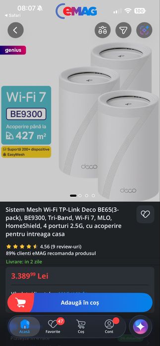 Sistem Mesh Wi-Fi TP-Link Deco BE65(3-pack), BE9300, Tri-Band, Wi-Fi 7