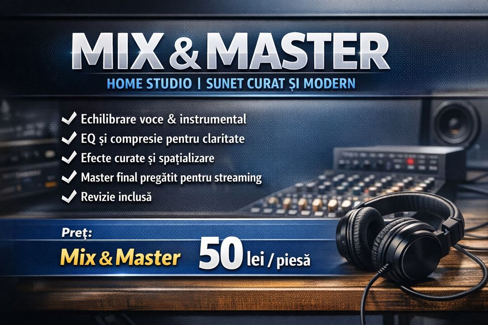 MIX & MASTER – Home Studio | Sunet Curat & Modern 

Ofer servici