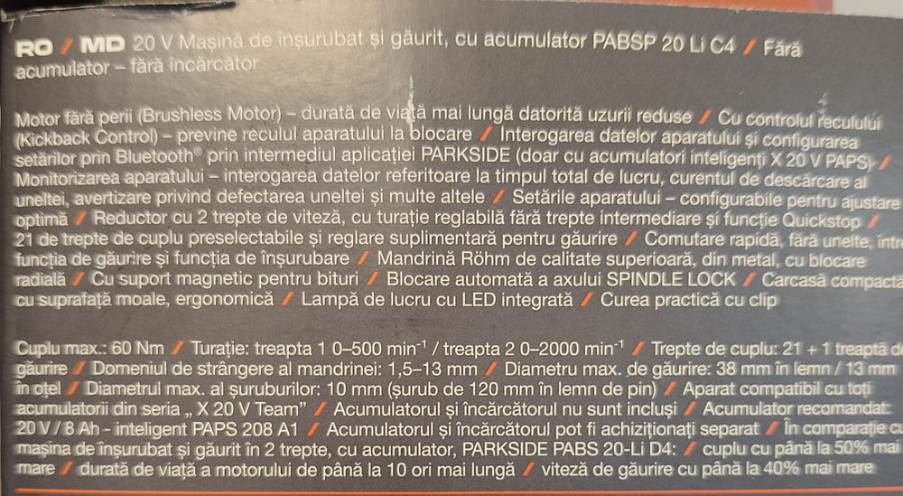 Mașină de înșurubat și găurit parkside performance 20v sigilata nouă