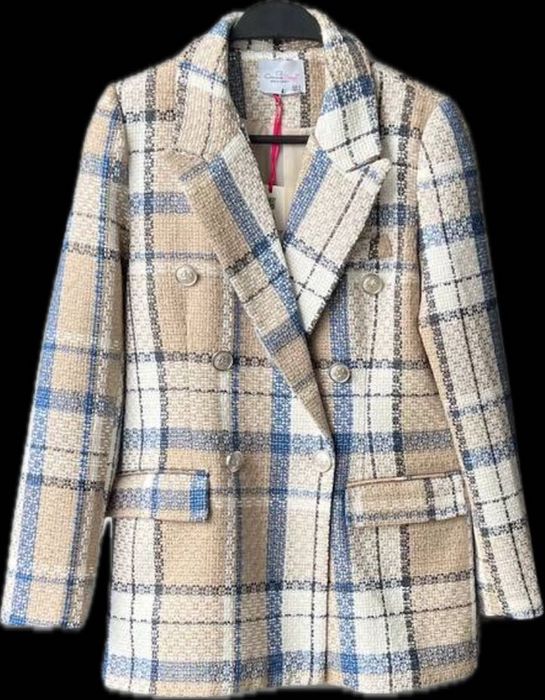 Луксозно двуредно сако от туид (Каре в синьо и бежово)