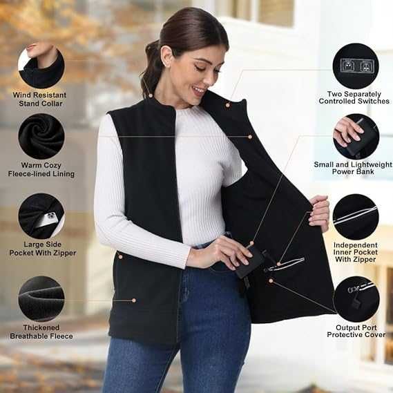 Дамска отопляема жилетка от полар, батерия 10000 mAh, 5 зони, М