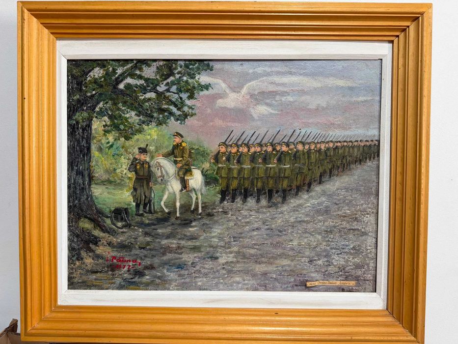tablou vechi pictat pe panza in ulei pictura veche 1977 SERGENTUL  dimensiuni 70-59 cm pictura veche