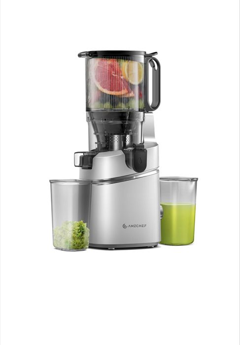 Бавна сокоизстисквачка Amzchef 250W, XXL отвор 135 мм, контейнер 1.8 л, сребриста