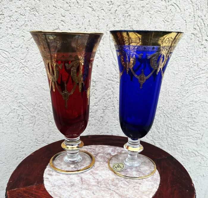 Arta italiana-set pahare pt sampanie-cristal premium-nuante vibrante-decoruri cu aur-Italia