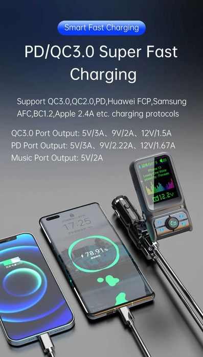 Bluetooth FM трансмитер BC85 Голям Екран , QC 3.0 Бързо зареждане ,Aux