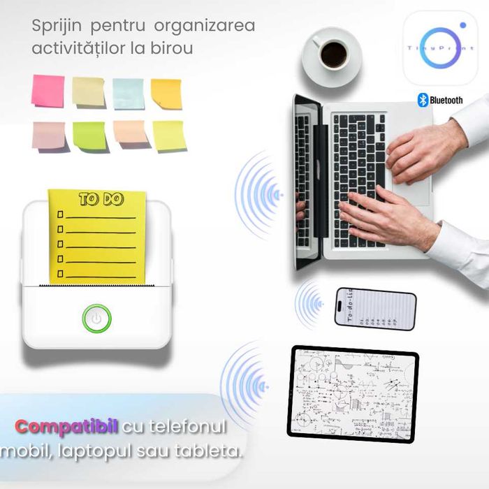 Imprimanta termica mini portabila Bluetooth 57mm, fara cerneala, imprimanta foto & etichete DIY pentru copii, aparat de buzunar cu aplicatie mobil