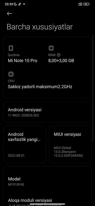 Xiomi 10 pro  xolati yaxshi