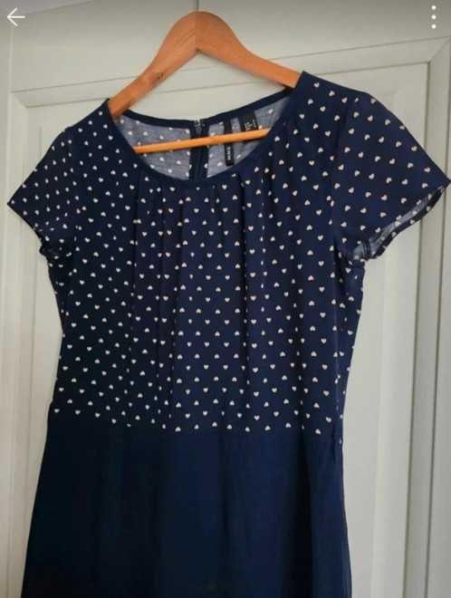 Women’s Mango Blue & Tan Heart Print Zippered Casual Midi Dres
