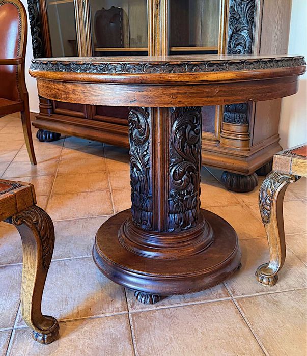 Mobilier birou lux stejar masiv și nuc sculptat – Birou  + bibliotecă + scaune + masa rotunda- stil baroc