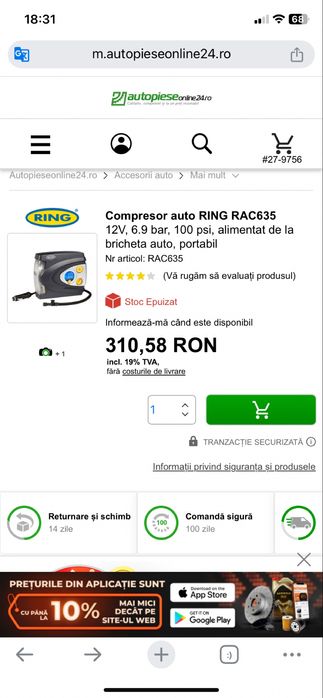 Compresor auto digital umflat roti Ring 12V 120W 10 A cu lumina led