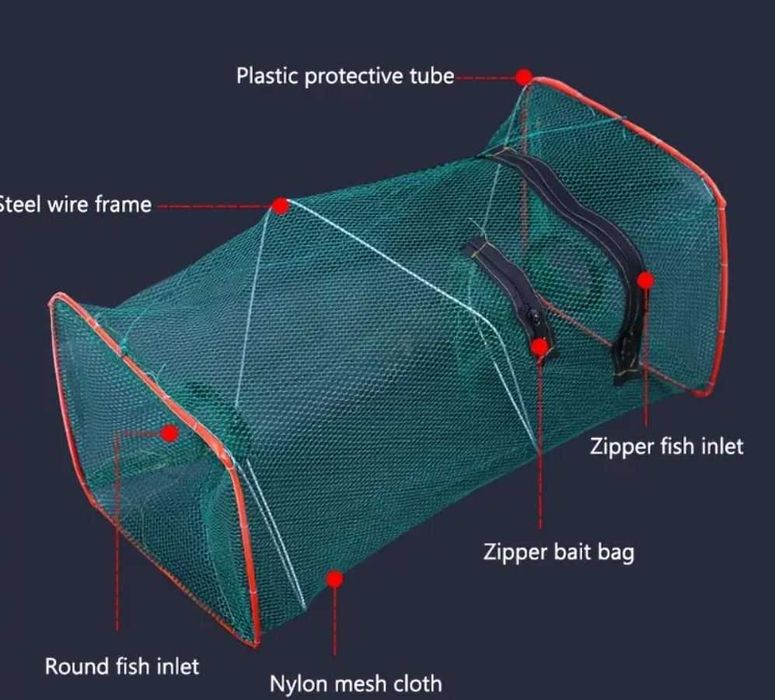 Сгъваем кош за улов на риба, скариди и раци - тунелен, 45 см.