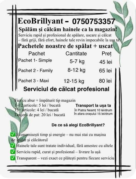 Ofer servicii de spălare și calcare a hainelor