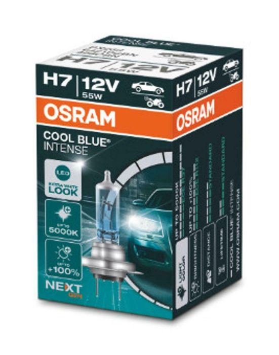 Bec H7 Osram 64210CBN 12V; 55W; Cool Blue Intense (NextGen); cu pana 100% mai multa lumina; albastru; Px26d; Omologare: ECE; pana la 100 h; Fascicul luminos [lm]:1500; Culoare temperatura [K]:5000,