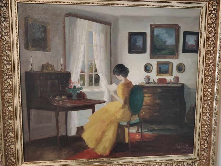 Ulei pe pânză "Femeie la fereastră" realizată de artista daneză Edith Gert (1906–1983)
