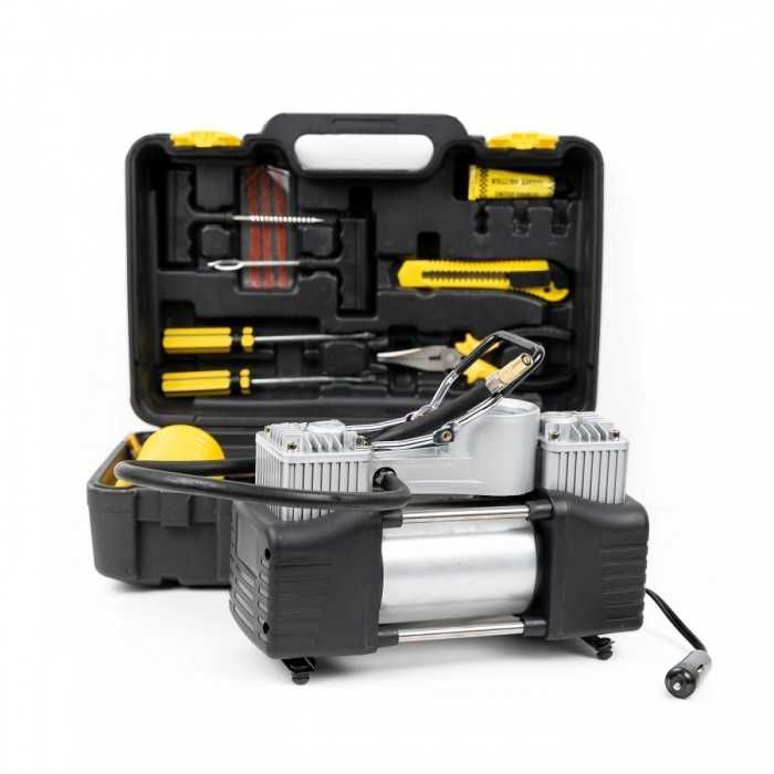 Авариен Комплект Двуцилиндров Компресор за Гуми В Куфар с накрайници