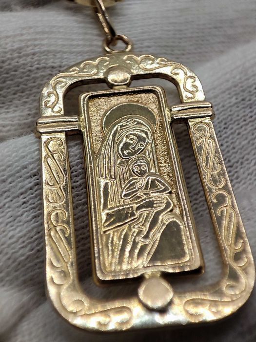 Lantisor Lant Aur 14K Rusia Rusesc Pandantiv Sfanta Maria si Iisus