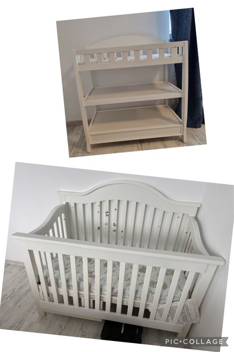 Set mobilier bebe – pătuț lemn + masă înfășat + saltea și accesorii