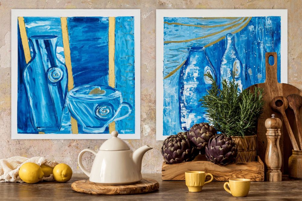 Set 2 tablouri pictate pe panza pe rama, culori acrilice, 40 x 40 cm