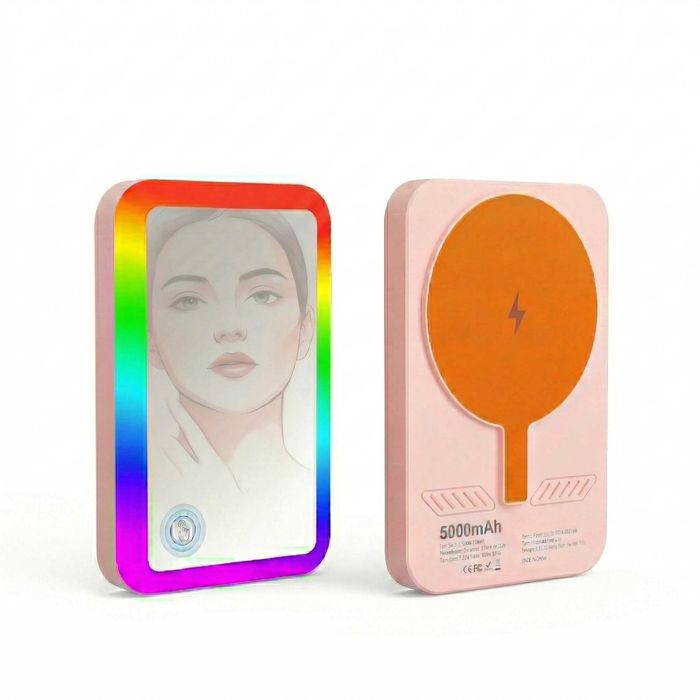 Baterie Wyred by Monga Glow MagSafe 5000mAh cu Oglindă și LED RGB, Roz
