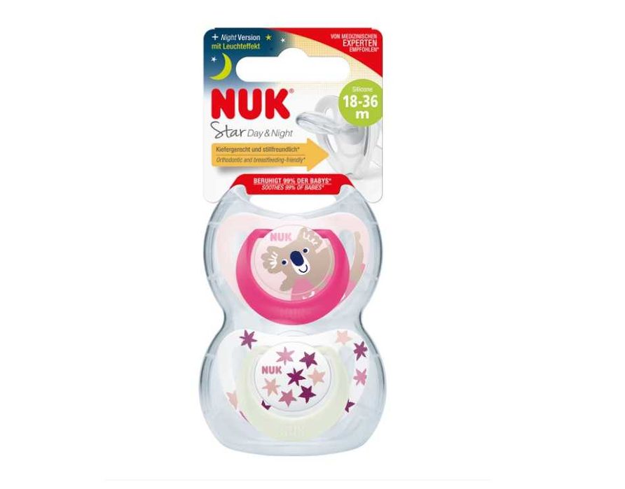 Set 2 suzete ortodontice din silicon Nuk Star Night & Day, 18-36 luni