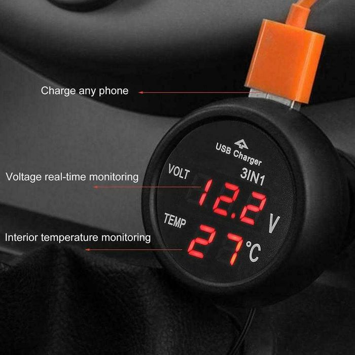 3 in 1 LED Voltmeter digital +Termometru+incarcare USB. 12/24V, Nou!