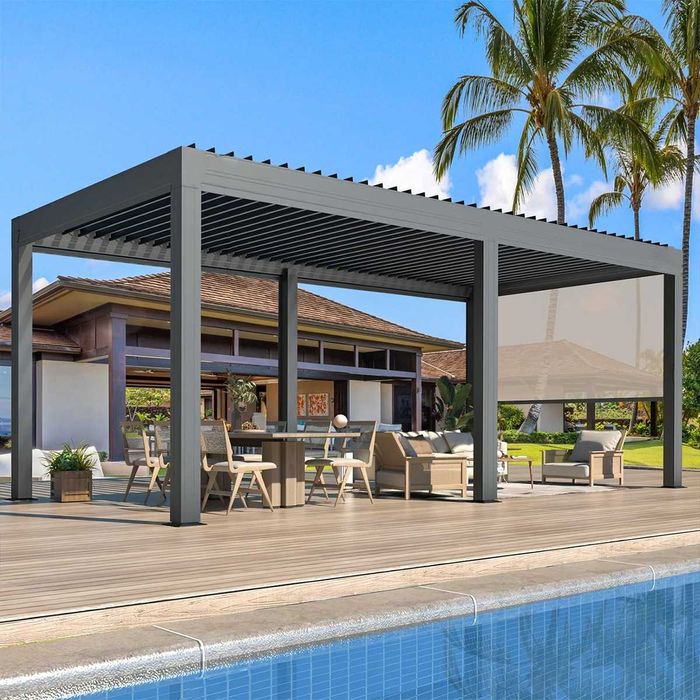 Pergola bioclimatica motorizata cu lamele mobile si lumini LED