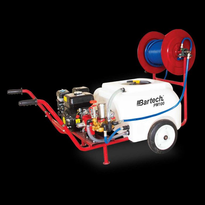 Atomizor 100l cu motor termic 6.5 c.p, tambur și furtun de presiune 25m, 8mm, 75 bar Garantie 24 Luni NOU Livrare rapida