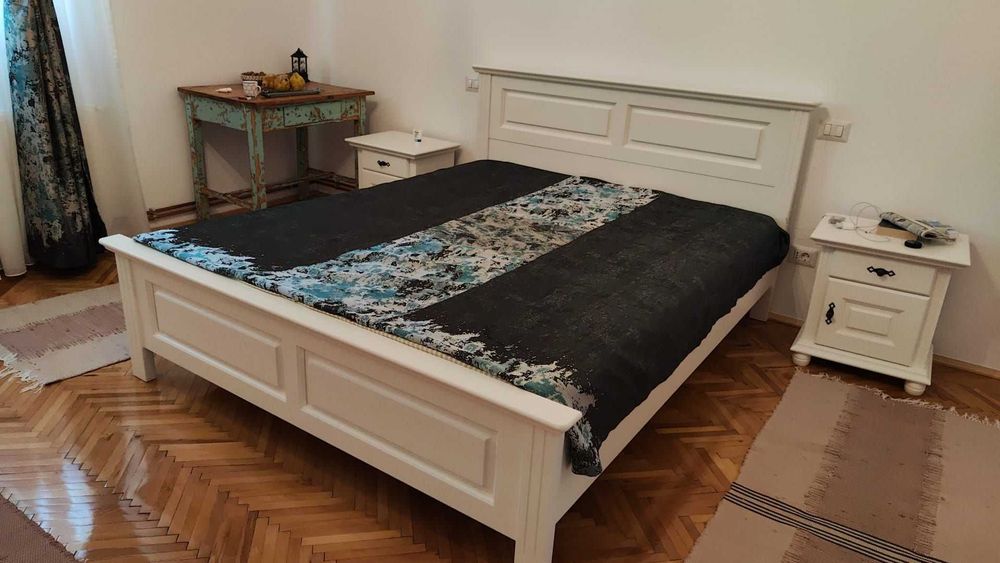 Set pat Seby 160x200 cm + 2 noptiere Seby, lemn masiv, alb