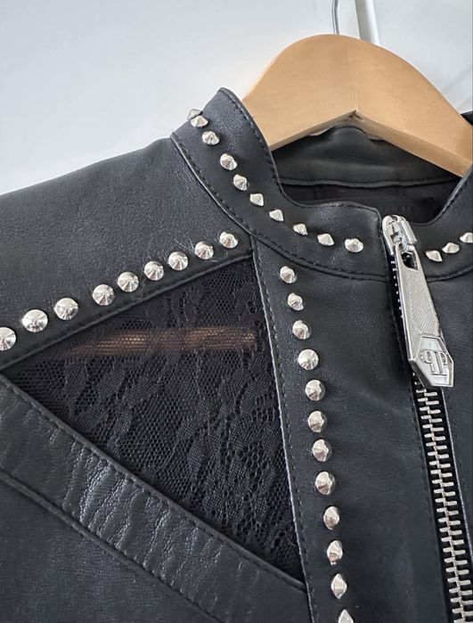 Кожено яке Philipp Plein с дантела и капси