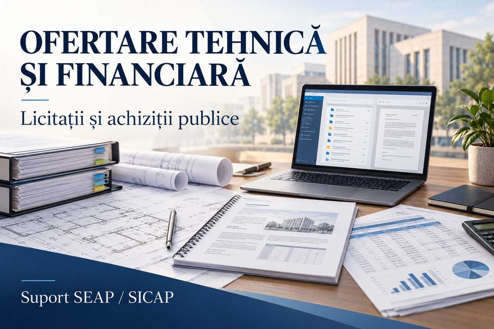 Ofer servicii de ofertare tehnică și financiară pentru licitații și achiziții publice, precum și suport în SEAP/SICAP