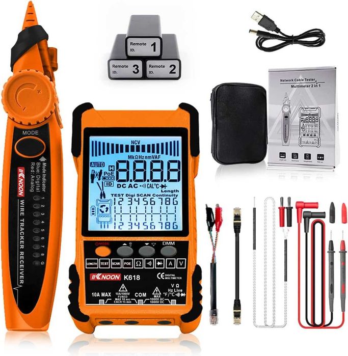 Tester Cablu Retea POE RJ45 cu Multimetru Digital LCD Masurare Lungime 600m Scanare Anti-Interfete 3 ID Pairing Test Voltaj Curent Temperatura Lan