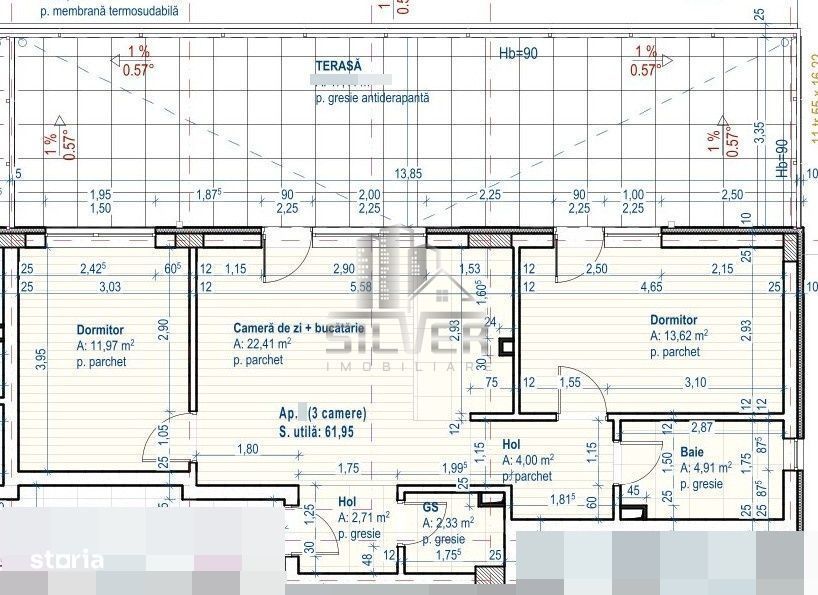 Apartament cu 3 camere/62mp/TERASA 60 mp/CF/zona Catanelor.