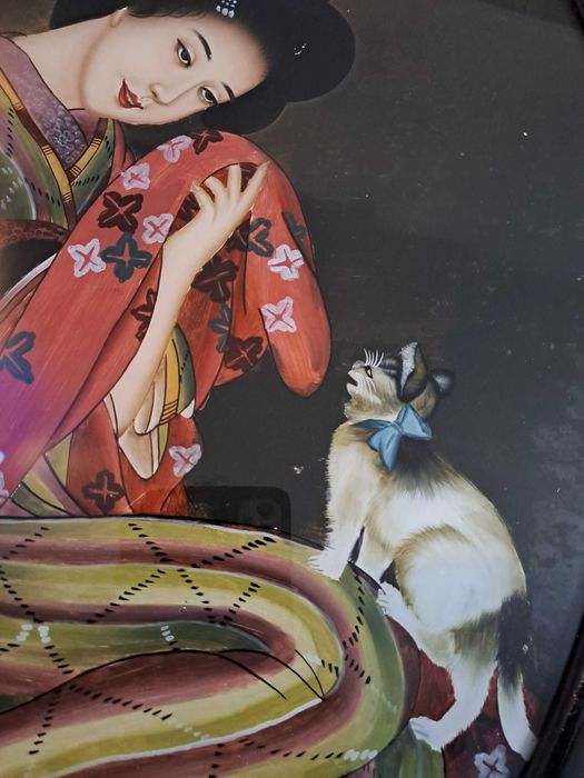 tablou asiatic vechi pictura sticla rama lemn 58,5/42,5 cm