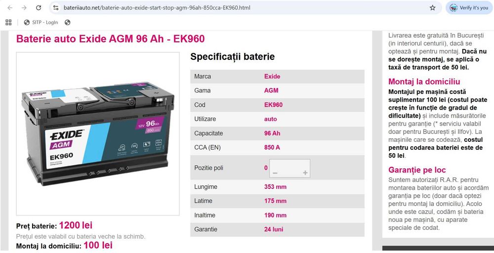 Baterie/ acumulator auto Exide Start-Stop agm EK960 96Ah 850en noua