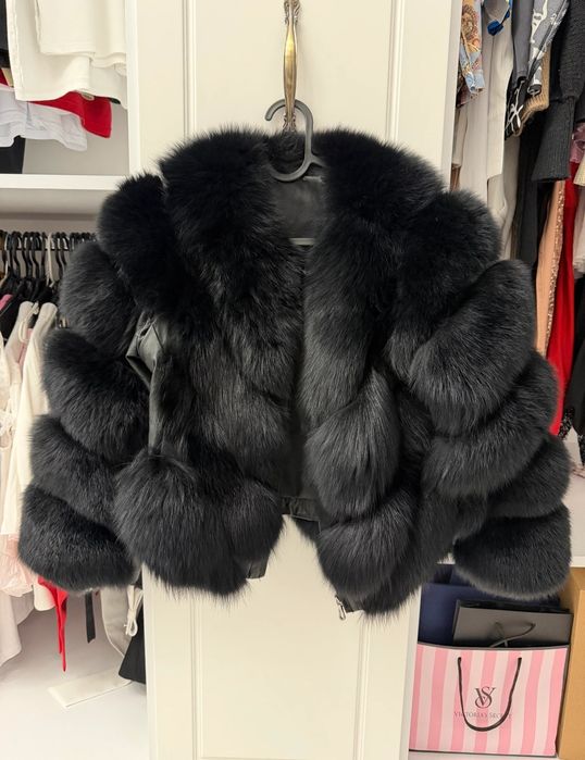 Black natural fur fox coat M/L haina blana naturala vulpe