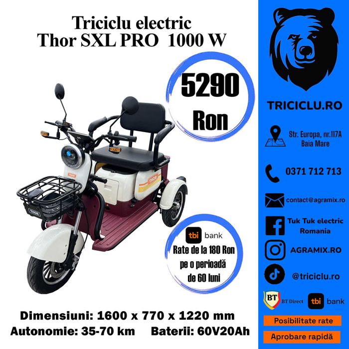 Triciclu electric tuk tuk Thor SXL PRO 1000W cu CIV  nou Agramix