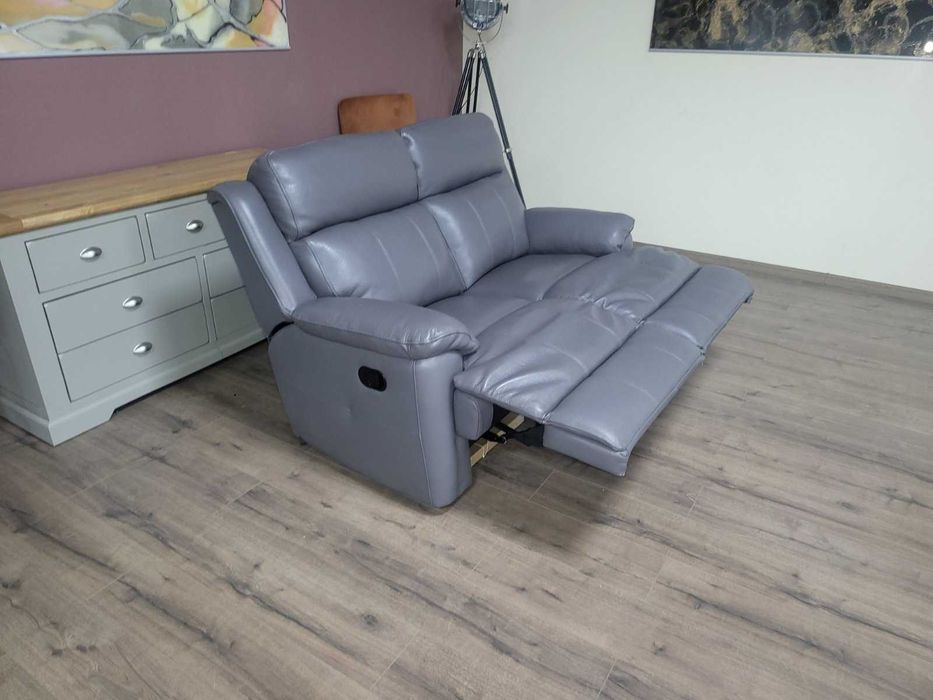Сиво-лилав кожен диван двойка с ръчен релаксиращ механизъм