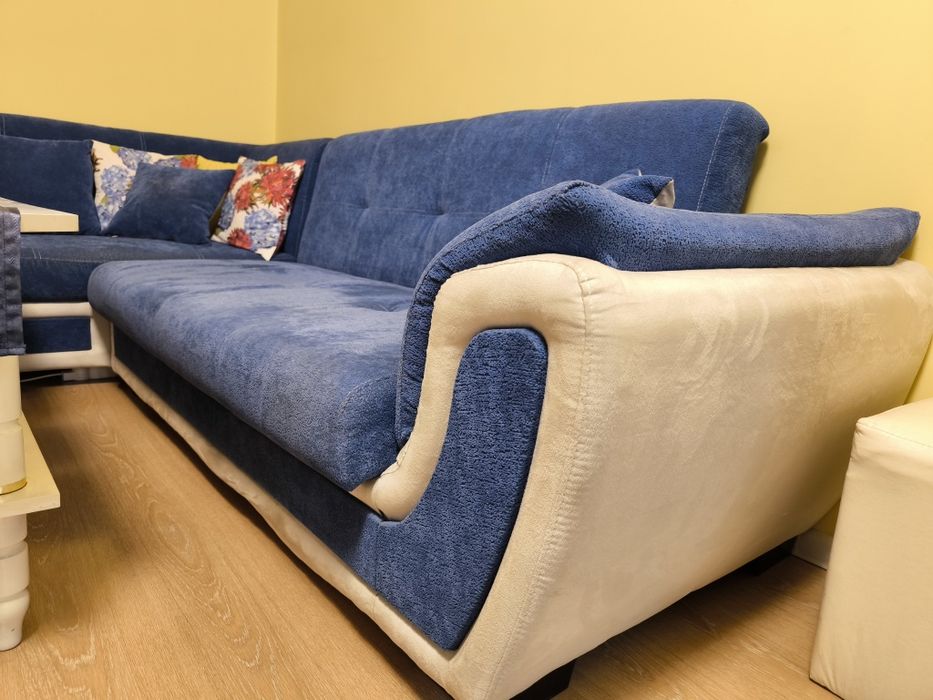Ъглов диван с две ракли - син