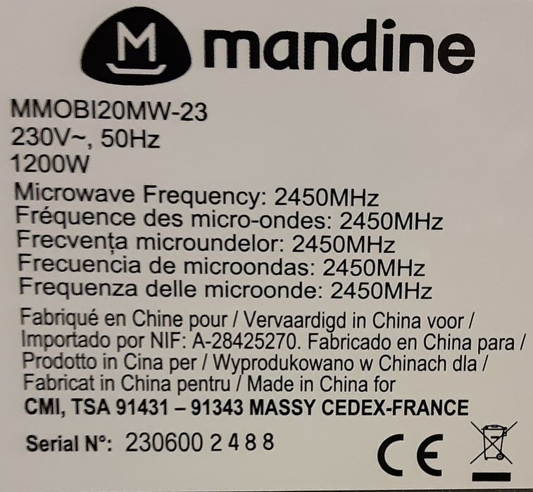 Cuptor cu microunde MANDINE 750 W 20 L NOU - 250 Lei