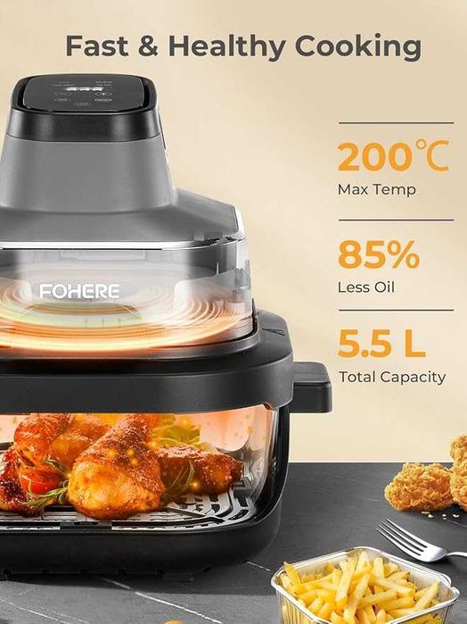 Friteuză cu aer cald (Air Fryer) FOHERE MAX CRISP 4L+1,5L , 4-în-1, 1500W, Coș din sticlă - Grad E